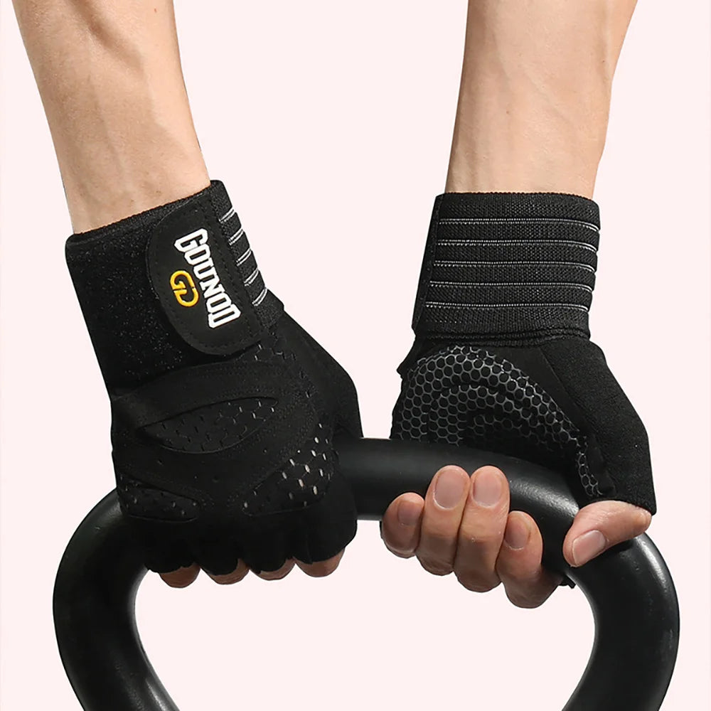 Men Women Ventilated Gym Workout Gloves with Wrist Wrap Support Full Palm Protection for Weightlifting Training Fitness Pull ups